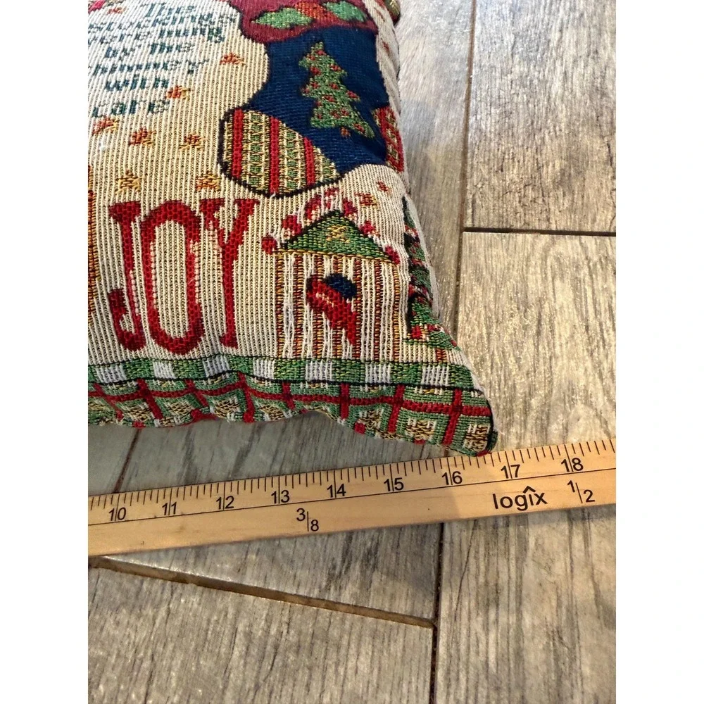 Vintage Tapestry Christmas Throw‎ Pillow Folk Art Accent Cottage Santa Holiday